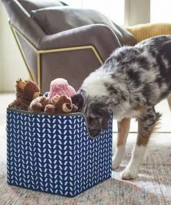 Frisco Square Collapsible Pet Toy Storage Bin, Navy Herringbone -Dog Cat Corner 250566 PT3. SY630 V1615572181