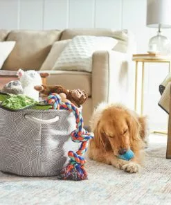 Frisco Round Collapsible Pet Toy Storage Bin, Gray Basket Weave