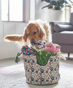 Frisco Round Collapsible Pet Toy Storage Bin, Tan Novelty Paws -Dog Cat Corner 250589 PT3. SY630 V1615579890