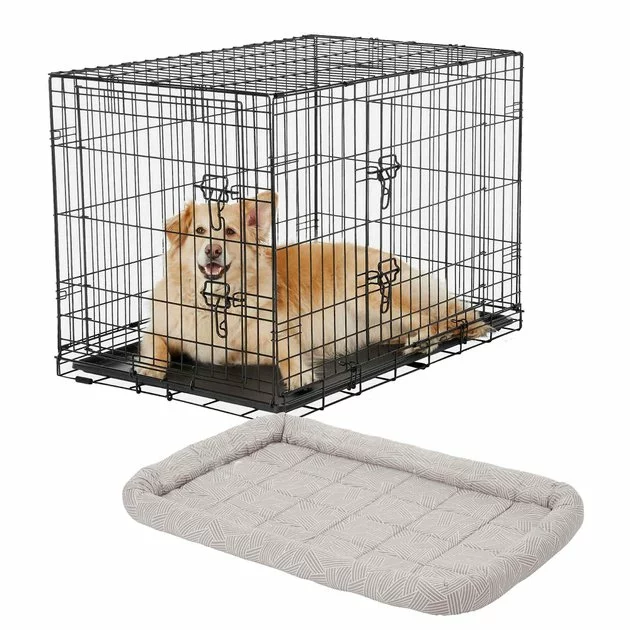 Frisco Fold & Carry Double Door Collapsible Wire Dog Crate, 36 inch & Frisco Gray Basket Weave Dog Crate Mat, 36-in 3 Frisco Fold & Carry Double Door Collapsible Wire Dog Crate, 36 inch & Frisco Gray Basket Weave Dog Crate Mat, 36-in