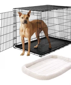 Frisco Heavy Duty Fold & Carry Single Door Collapsible Wire Dog Crate & Frisco Quilted Dog Crate Mat, Ivory
