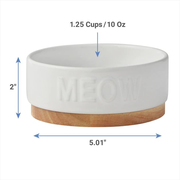 Frisco Round Meow Non-skid Ceramic Cat Bowl with Wood Base, 1.25 cups 4 Frisco Round Meow Non-skid Ceramic Cat Bowl with Wood Base, 1.25 cups - Image 2