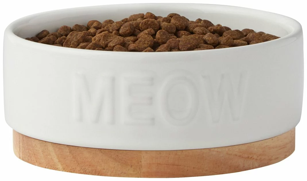 Frisco Round Meow Non-skid Ceramic Cat Bowl with Wood Base, 1.25 cups 6 Frisco Round Meow Non-skid Ceramic Cat Bowl with Wood Base, 1.25 cups - Image 4