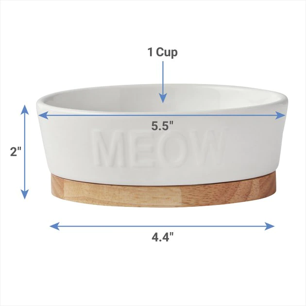 Frisco Oval Meow Non-skid Ceramic Cat Bowl with Wood Base, 1 Cup 4 Frisco Oval Meow Non-skid Ceramic Cat Bowl with Wood Base, 1 Cup - Image 2