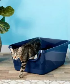 Frisco Modern Round Elevated Cat Bed + Frisco High Sided Cat Litter Box, Navy, Extra Large 24-in -Dog Cat Corner 297988 PT5. SY630 V1621259860