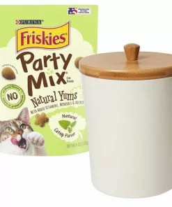 Friskies||Frisco Friskies Party Mix Natural Yums Catnip Flavor Cat Treats, 6-oz bag + Frisco Melamine Dog & Cat Treat Jar with Bamboo Lid, 8 Cups