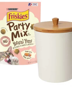 Friskies||Frisco Friskies Party Mix Natural Yums With Real Salmon Cat Treats, 6-oz pouch + Frisco Melamine Dog & Cat Treat Jar with Bamboo Lid, 8 Cups