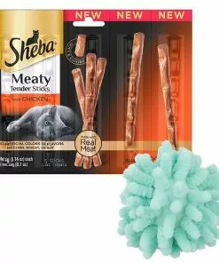 Sheba||Frisco Sheba Meaty Tender Sticks Chicken Cat Treats, 5 count + Frisco Moppy Ball Cat Toy, Blue