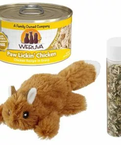 Weruva||Frisco Weruva Paw Lickin' Chicken in Gravy Grain-Free Canned Cat Food, 3-oz, case of 24 + Frisco Refillable Catnip Cat Toy, Brown Squirrel