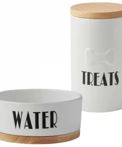 Frisco Ceramic Bowl with Wood Base, 2.5 Cups + Treat Jar, 4 Cups