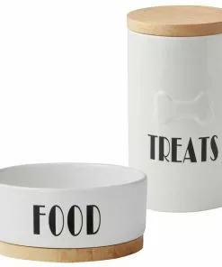 Frisco Ceramic Dog Bowl with Wood Base, 2.5 Cups + Treat Jar, 4 Cups
