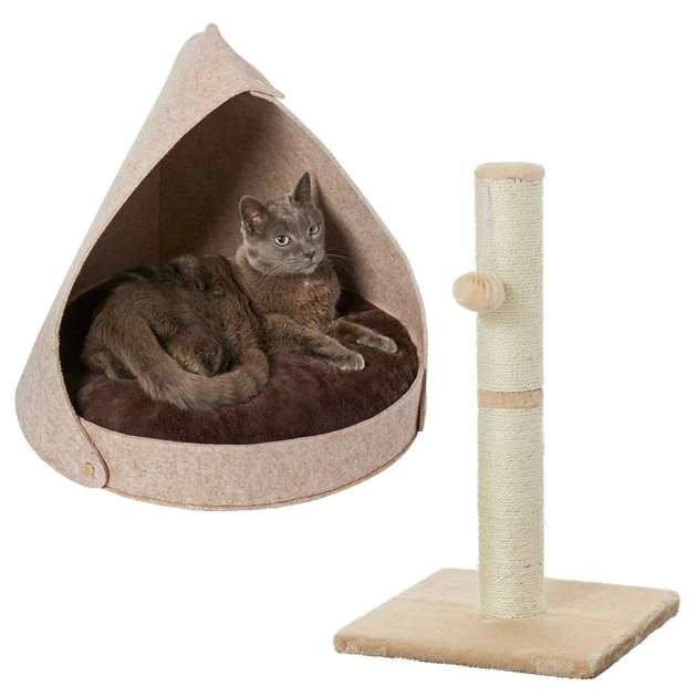 Frisco 21-in Sisal Scratching Post with Toy, Cream + Felt Removable Hood Cave Cat & Dog Covered Bed, Brown 3 Frisco 21-in Sisal Scratching Post with Toy, Cream + Felt Removable Hood Cave Cat & Dog Covered Bed, Brown
