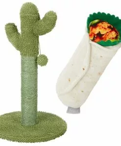 Frisco Cactus Cat Scratching Post, 22-in + Plush Squeaking Burrito Dog Toy