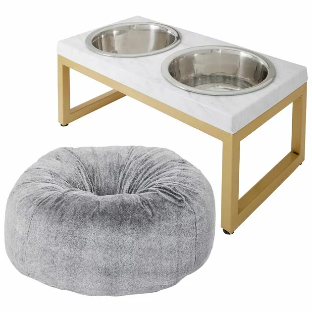 Frisco Plush Pouf Pillow Bed, Large + Marble Print Stainless Steel Double Elevated Dog Bowl, 3 Cups, Gold Stand 3 Frisco Plush Pouf Pillow Bed, Large + Marble Print Stainless Steel Double Elevated Dog Bowl, 3 Cups, Gold Stand