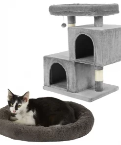 Frisco Self Warming Bolster Round Bed, Gray + 33-in Faux Fur Cat Tree & Condo, Gray
