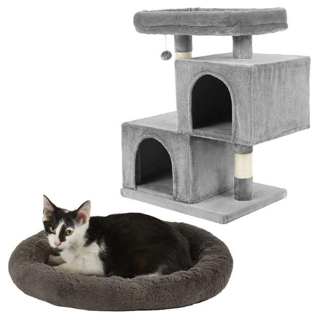 Frisco Self Warming Bolster Round Bed, Gray + 33-in Faux Fur Cat Tree & Condo, Gray 3 Frisco Self Warming Bolster Round Bed, Gray + 33-in Faux Fur Cat Tree & Condo, Gray