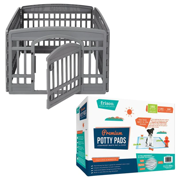 Frisco 4-Panel Plastic Exercise Playpen, Gray + Dog Training & Potty Pads, 22 x 23-in, 150 count, Unscented 3 Frisco 4-Panel Plastic Exercise Playpen, Gray + Dog Training & Potty Pads, 22 x 23-in, 150 count, Unscented