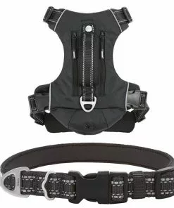 Frisco Outdoor Premium Ripstop Nylon Harness with Pocket, Midnight Black, XL - Girth: 32-44-in + Reflective Comfort Padded Dog Collar, Midnight Black, LG, Neck: 18 -26-in, Width: 1-in