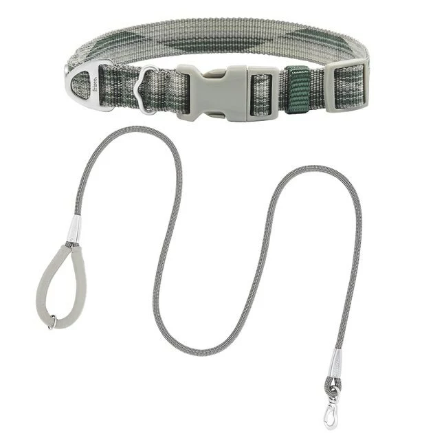 Frisco Outdoor Woven Jacquard Nylon Dog Collar, Forest Green, Medium - Neck: 14-20-in, Width: 3/4-in + Ultra Reflective Rope Leash With Padded Handle, Stone Gray, 6 - ft 3 Frisco Outdoor Woven Jacquard Nylon Dog Collar, Forest Green, Medium - Neck: 14-20-in, Width: 3/4-in + Ultra Reflective Rope Leash With Padded Handle, Stone Gray, 6 - ft