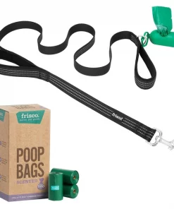 Frisco Traffic Leash with Padded Handles & Poop Bag Dispenser, Black, Length: 6ft, Width: 1-in + Refill Dog Poop Bags, Scented, 120 count