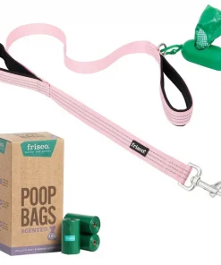 Frisco Traffic Leash with Padded Handles & Poop Bag Dispenser, Pink, Length: 4-ft, Width: 1-in + Refill Dog Poop Bags, Scented, 120 count