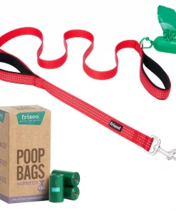 Frisco Traffic Leash with Padded Handles & Poop Bag Dispenser, Red, Length: 6ft, Width: 1-in + Refill Dog Poop Bags, Scented, 120 count